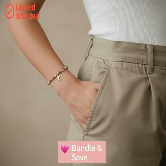 14k Gold Plated Shell Bead Bracelet with Cross Heart Charms Adjustable - Picture 5 of 7